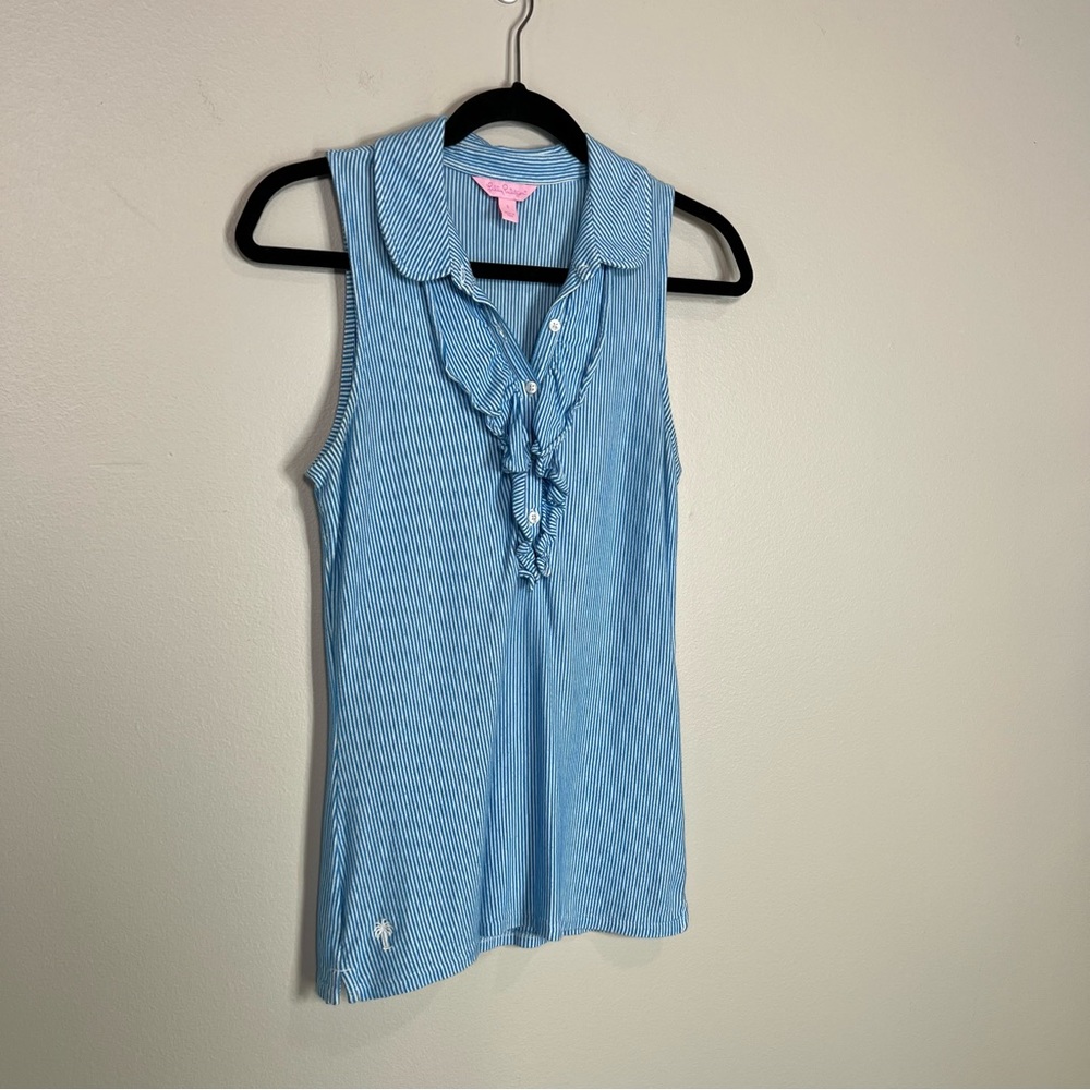 LILLY PULITZER Blue and White Striped Sleeveless Ruffled Collared Drew Polo - Picture 4 of 12